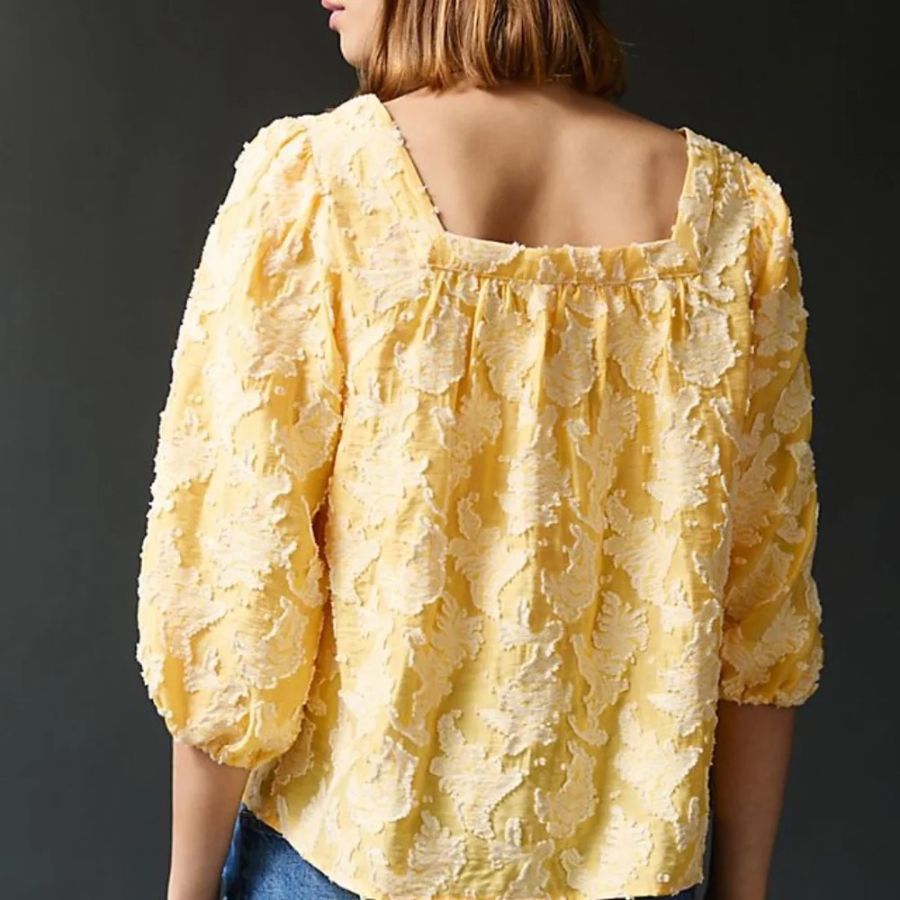 Anthropologie Yvonne Yellow Square Neck Dimensional Textured Button Front Top S
